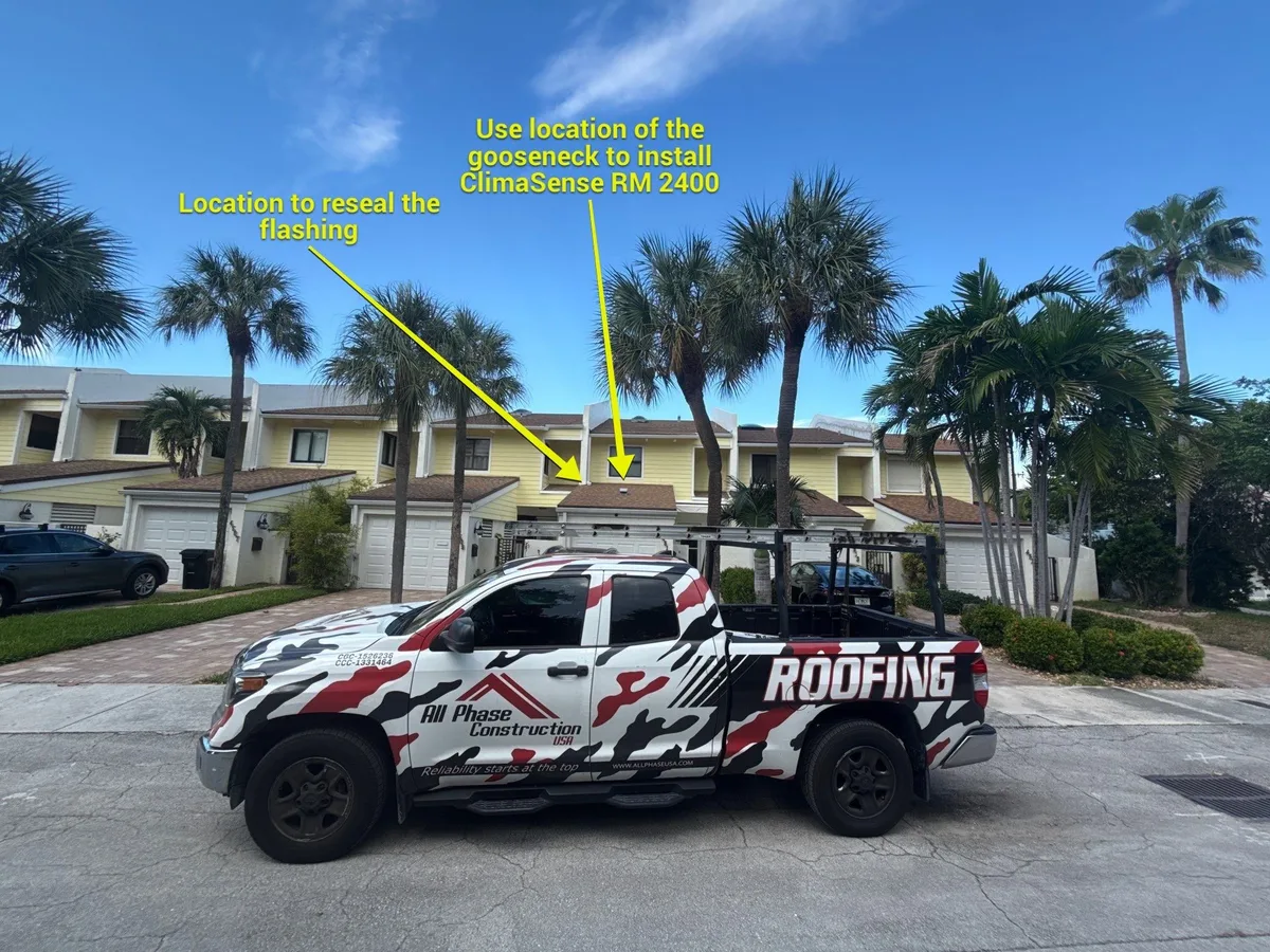 Shingle roof inspection in Lauderdale-by-the-Sea, FL with the flashing reseal location and the gooseneck vent chosen for a solar attic fan both marked
