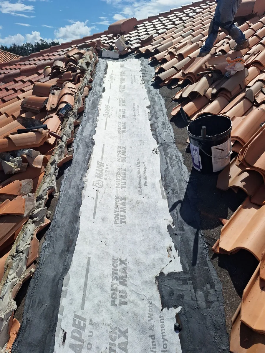 Polyglass Polystick TU Max self-adhered tile underlayment installed in a clay tile roof valley in West Palm Beach