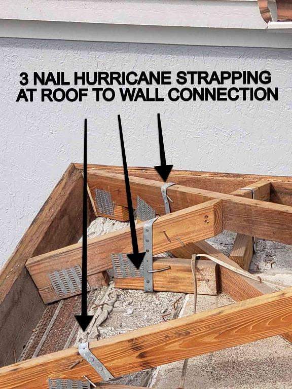 Three-nail hurricane roof strapping at roof-to-wall connection meeting HVHZ code requirements in South Florida